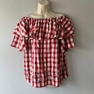 IJOAH Red & White Plaid Floral Off Shoulder Top Size M  NWT
